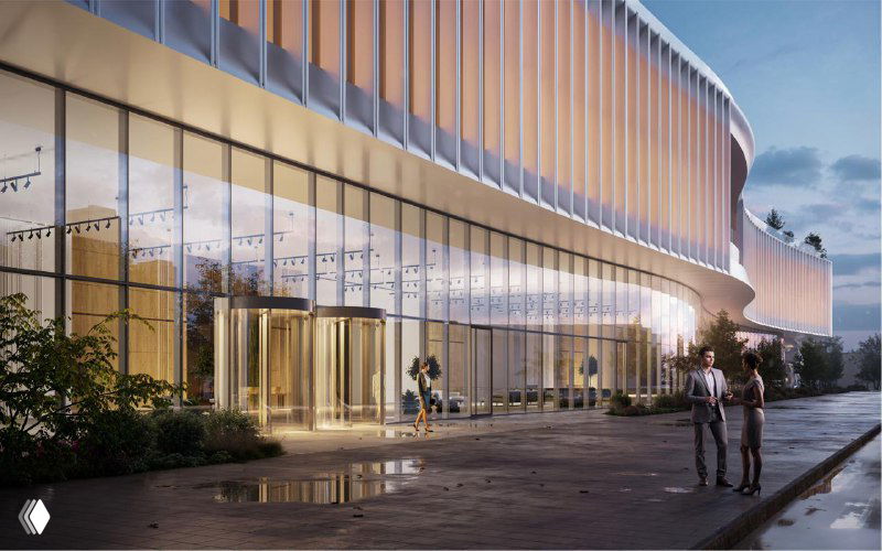 Крупный план криволинейного фасада стилобата с ламелями и автоматическими входными дверями, люди на тротуаре в урбанистическом окружении.