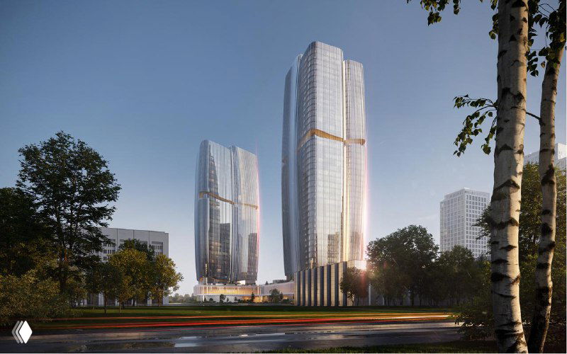 Панорамная визуализация двух разновысотных башен проекта у Ленинградского проспекта: скруглённые силуэты, стеклянные поверхности и городской контекст.