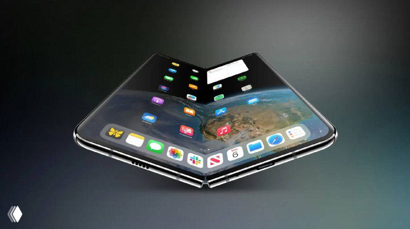 Концепт устройства «книжка» с гибким экраном, показывающий интерфейс iOS на выгнутом дисплее и характерную компоновку иконок и виджетов.