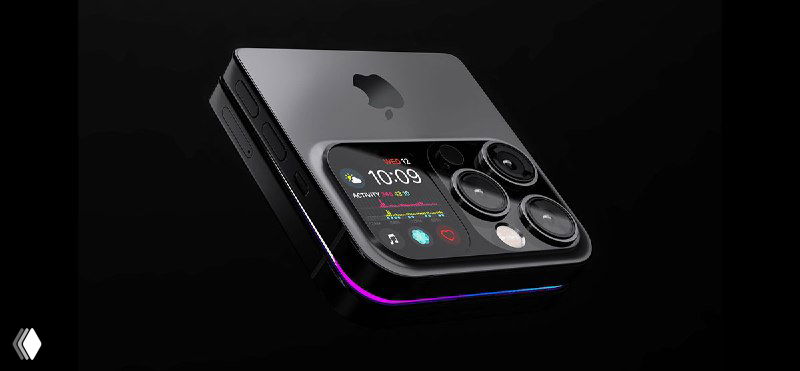 Изображение компактного складного аппарата в сложенном состоянии с крупным блоком камер и проработанными гранями корпуса — премиальная концепция.