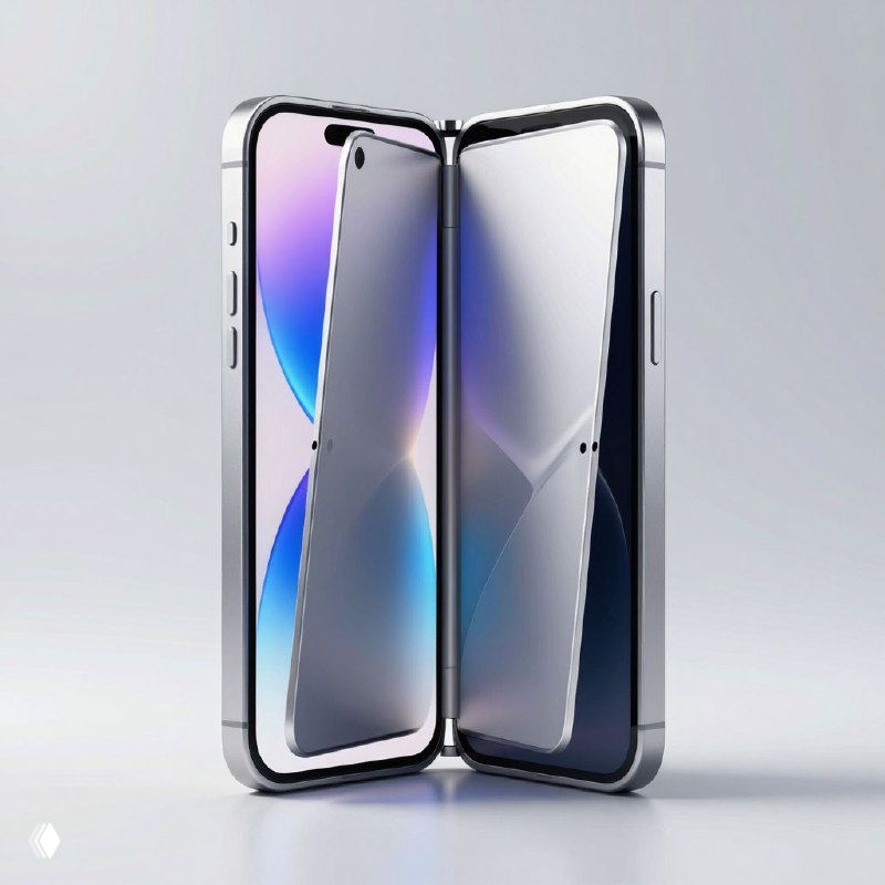 Рендер двухпанельного складного смартфона в развёрнутом положении, показывающий шов сгиба, глянцевые рамки и симметричную компоновку экранов.