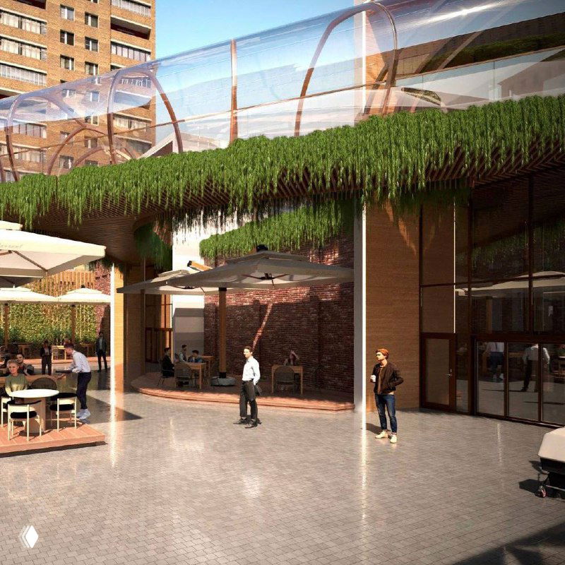 Визуализация внутреннего двора нового комплекса: террасы, озеленение, уличные кафе и прогулочные аллеи у общественных зданий на территории проекта.