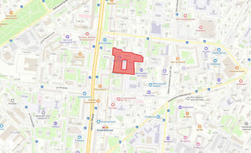 Карта с выделенным участком Ярославского рынка у метро «Алексеевская»: границы территории, соседние улицы и ориентиры на городской карте.