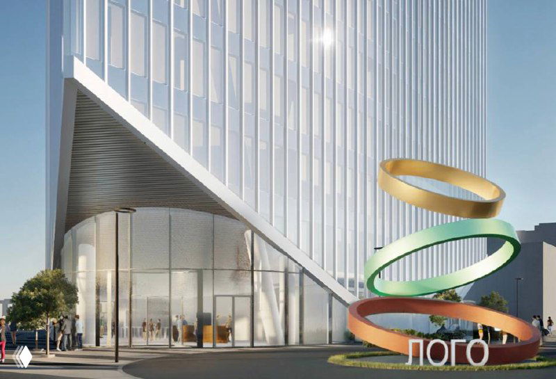 Входная группа и двусветное лобби: витринное остекление, зона входа и декоративная скульптура у фасада на визуализации проекта ДОНСТРОЙ в Раменках.
