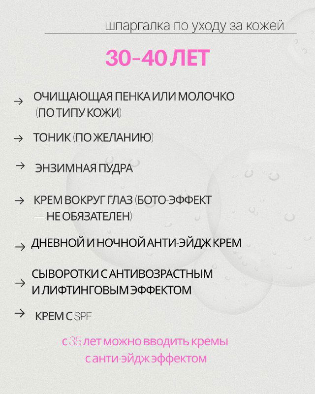 Слайд с советами для 30–40 лет: очищающая пенка или молочко, энзимная пудра, дневной и ночной антивозрастной крем, сыворотки с подтягивающим эффектом.