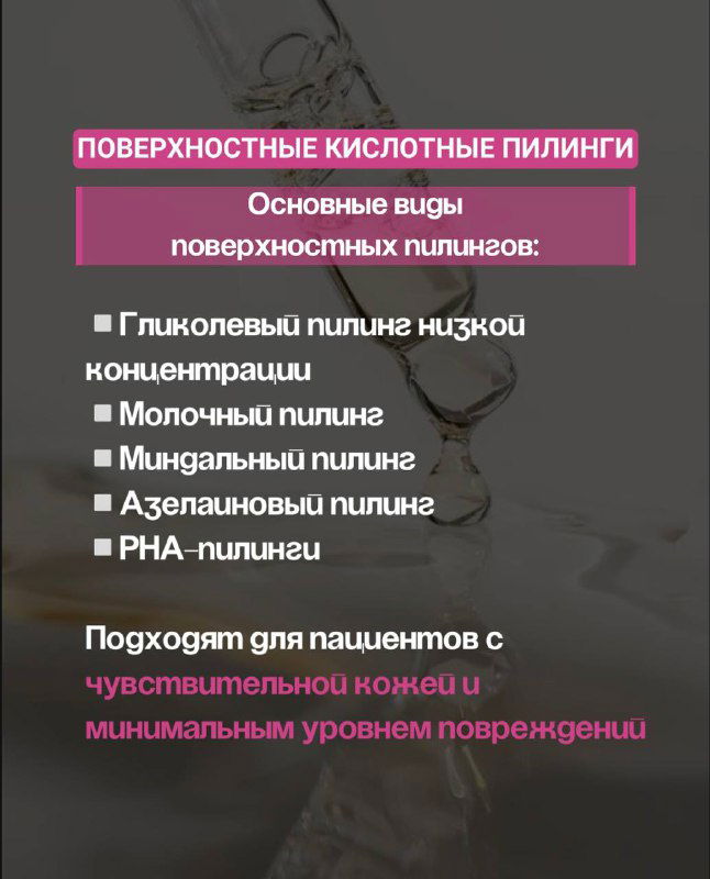 Слайд: перечень поверхностных кислотных пилингов (гликолевый, молочный, миндальный, азелаиновый, PHA) на фоне косметического кадра.