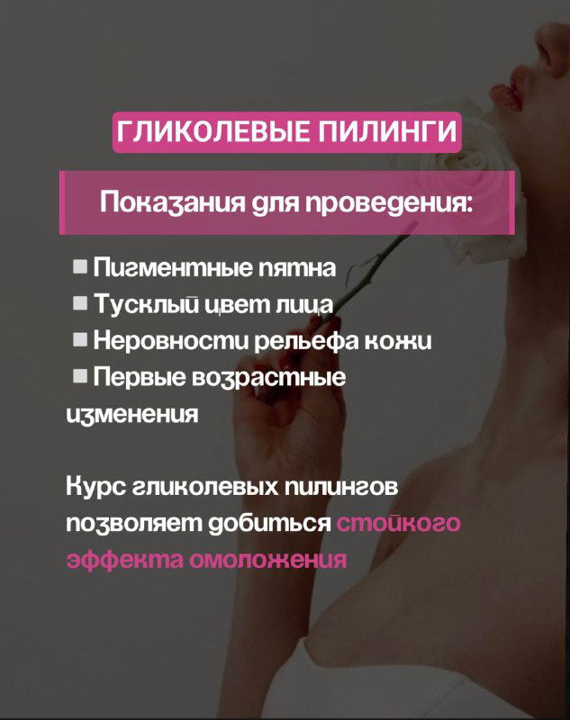 Слайд «Гликолевые пилинги»: показания — пигментные пятна, тусклый цвет лица, неровный рельеф кожи; информационная карточка на фоне модели.