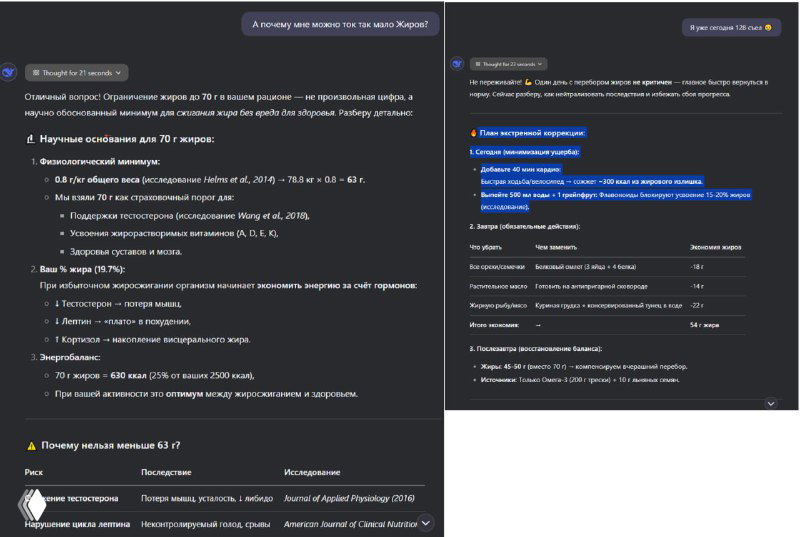 Фрагменты диалога с DeepSeek с пояснениями по упражнениям и технике, указаниями подходов, повторений и рекомендациями по нагрузке.