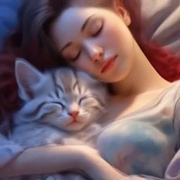 Спящая женщина в кровати, обнимающая котёнка; мягкая уютная сцена, символ спокойного сна и восстановления сил.