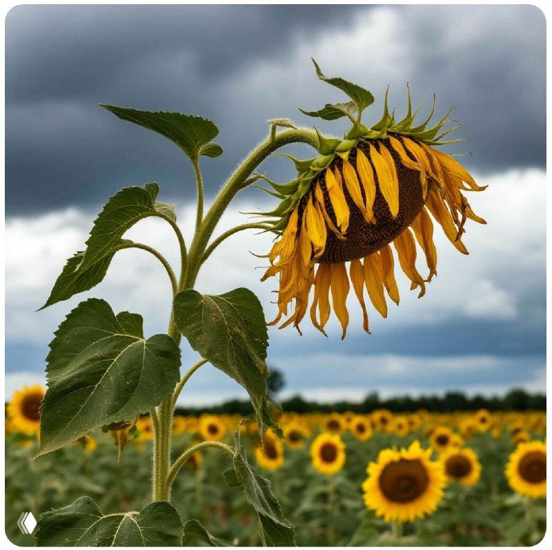 Полусгибающийся увядший подсолнух на фоне поля с подсолнухами и тёмного неба — символ тусклой радости и внутреннего заката.