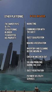 Infographic comparing Other platforms vs Fox River: lists 15–17% owner fees and tasks, over Dubai skyline and fountain.