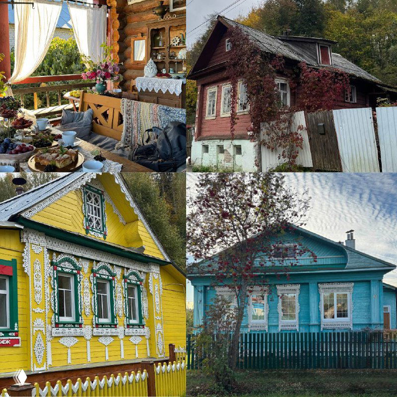 Коллаж из фотографий традиционных русских деревянных изб и фасадов с резными наличниками, иллюстрирующий идею аутентичности, ремесла и мест силы.