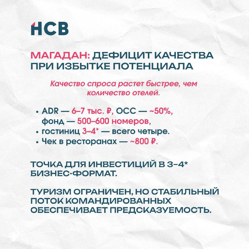 Слайд про Магадан: дефицит качества при избытке потенциала, показатели ADR, небольшой отельный фонд и уровень чеков в ресторанах.