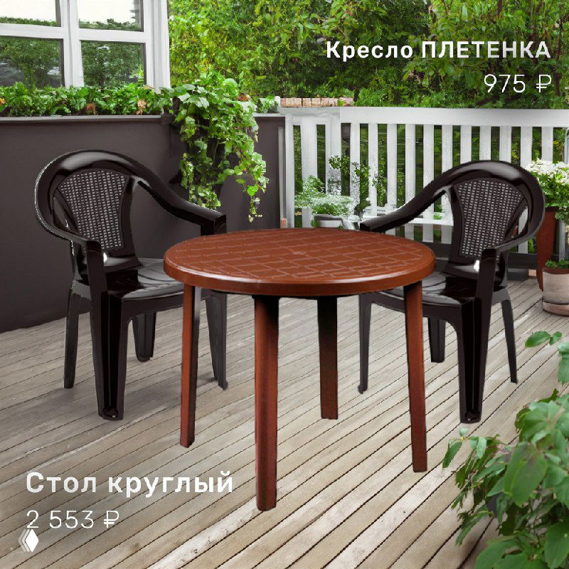 Комплект пластиковой мебели: кресло ПЛЕТЕНКА и круглый стол на террасе, нейтральные тона и настройка для дачного обеда на свежем воздухе.