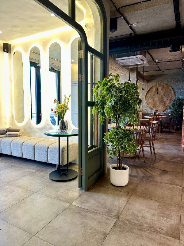 Зона отдыха с белым диваном и несколькими искусственными вазонами растений, светлые тона и интерьерные акценты ресторана.