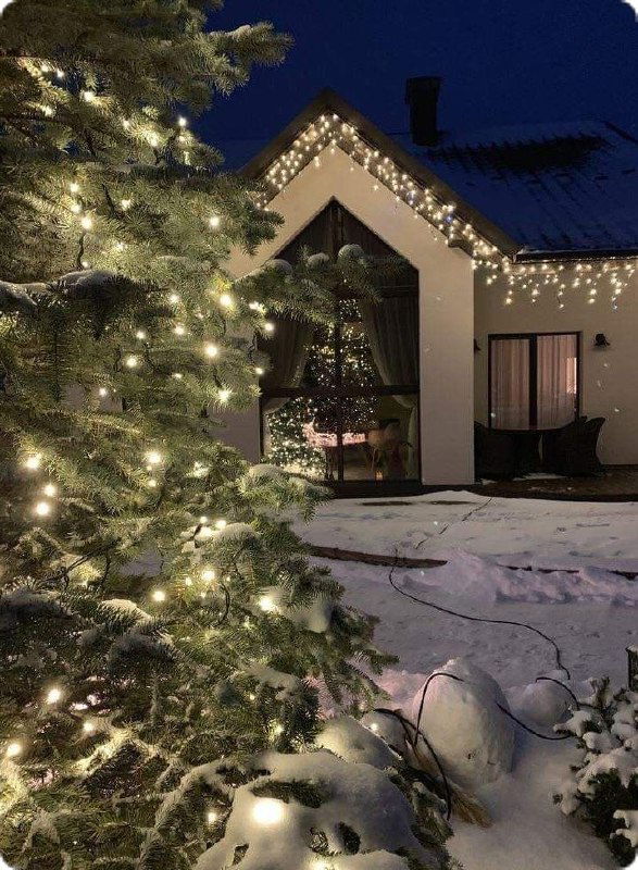 Двор с заснеженной ёлкой и домом, подсвеченным гирляндами по крыше; мягкий снег на дорожке и тёплые огни подчёркивают праздничную сцену.