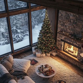 Высокая стройная ёлка у стеклянной стены с видом на заснеженный двор, рядом журнальный столик и мягкие подушки создают расслабляющую атмосферу.