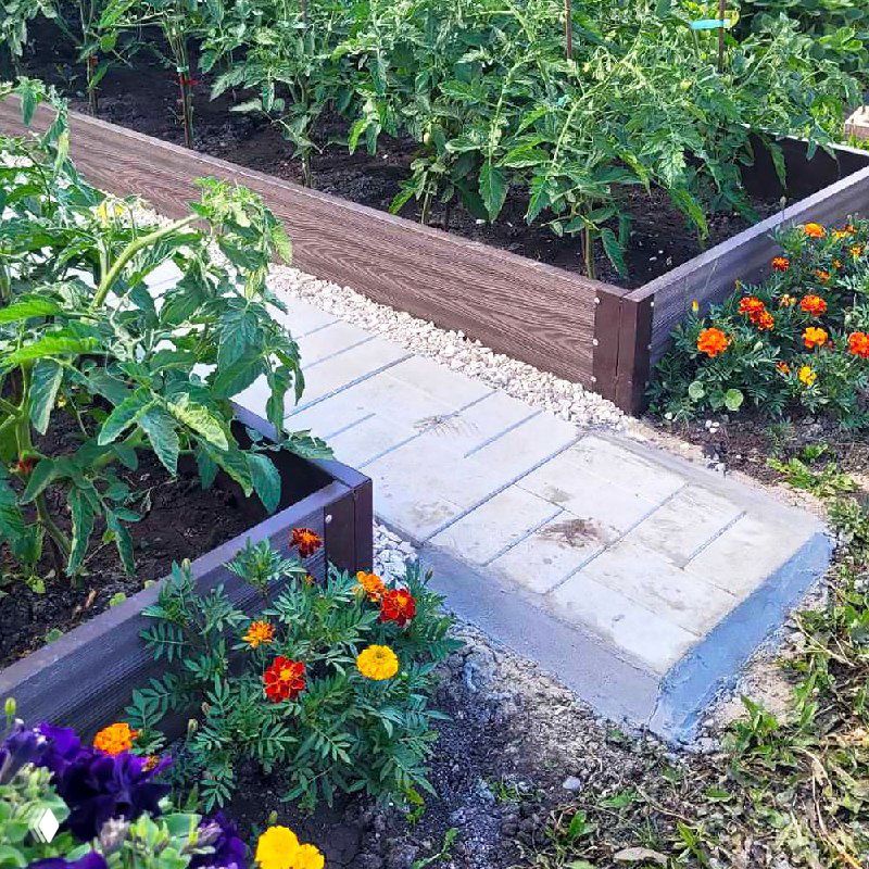 Крупный план грядки из ДПК: бортик из композитного материала, зелёные овощные растения вдоль борта и яркие цветы рядом, тротуарная плитка.