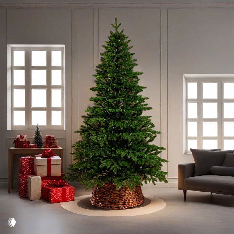 Зелёная литая искусственная ёлка на нейтральном фоне шоу-рума: ровная коническая форма, густая зелёная хвоя и корзинная подставка в основании.