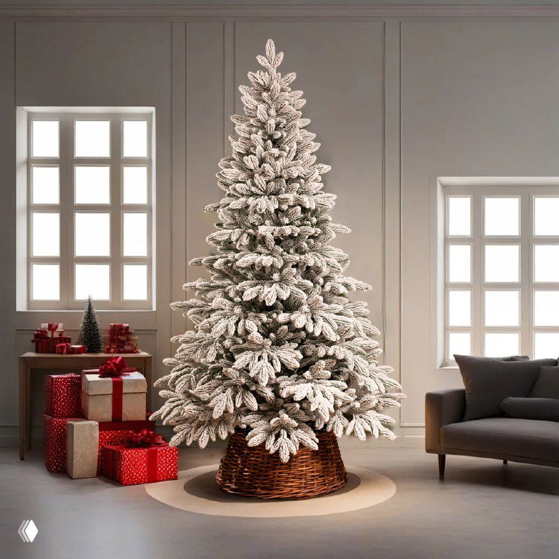 Пышная заснеженная модель искусственной ёлки в интерьере, крупный план ветвей с белым покрытием и рождественские подарки у основания.