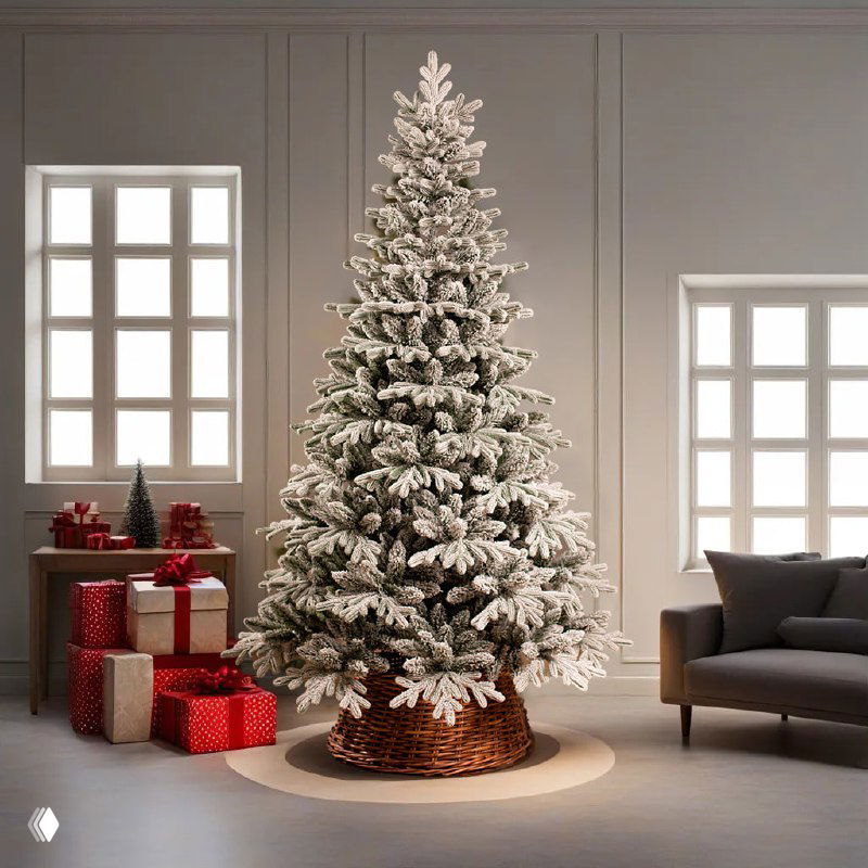 Высокая комбинированная заснеженная ёлка в демонстрационной зоне, видно структуру ветвей и натуральный вид в сочетании с белым покрытием.