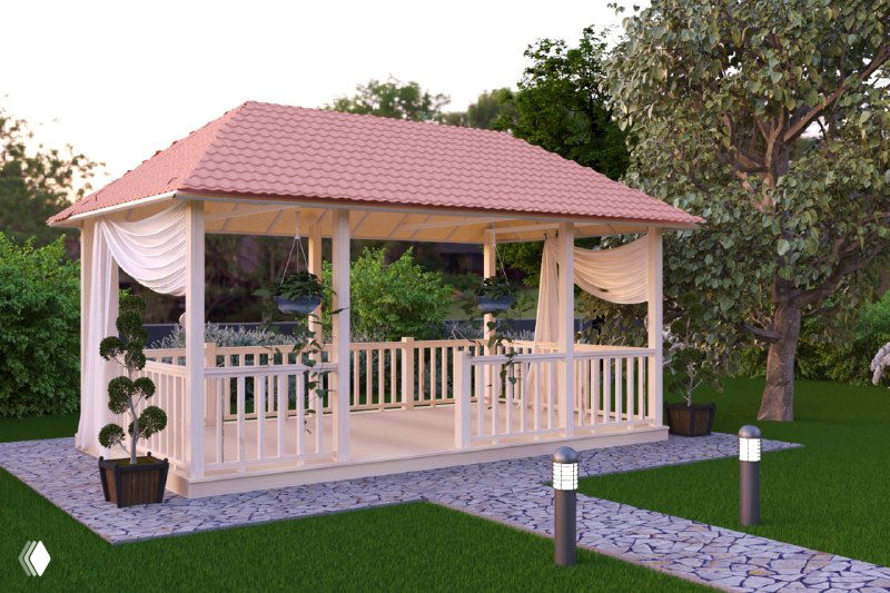Рендер открытой беседки-террасы на фоне зелёного сада с текстильными занавесями — подходящий комплект для отдыха на участке.