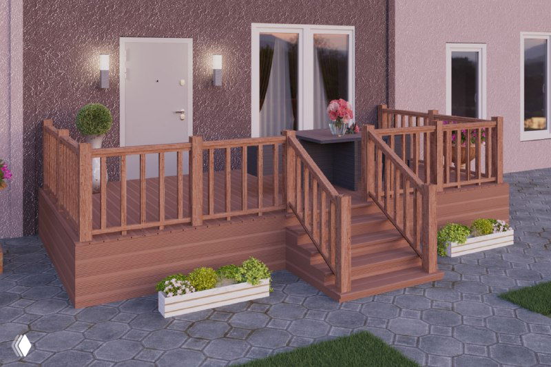 Компактная терраса с деревянными перилами и лестницей у входа в дом — пример удобного решения для небольшого участка.