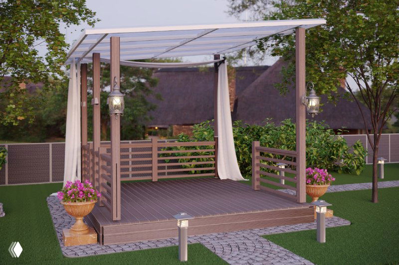 Современная открытая платформа-терраса с балдахином и декоративными светильниками — показатель модульного набора для сборки.