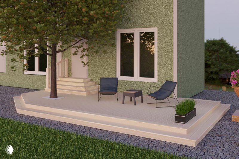 Низкая терраса-подиум у дома с двумя шезлонгами и зеленью вокруг — вариант комплекта для отдыха и оформления участка.