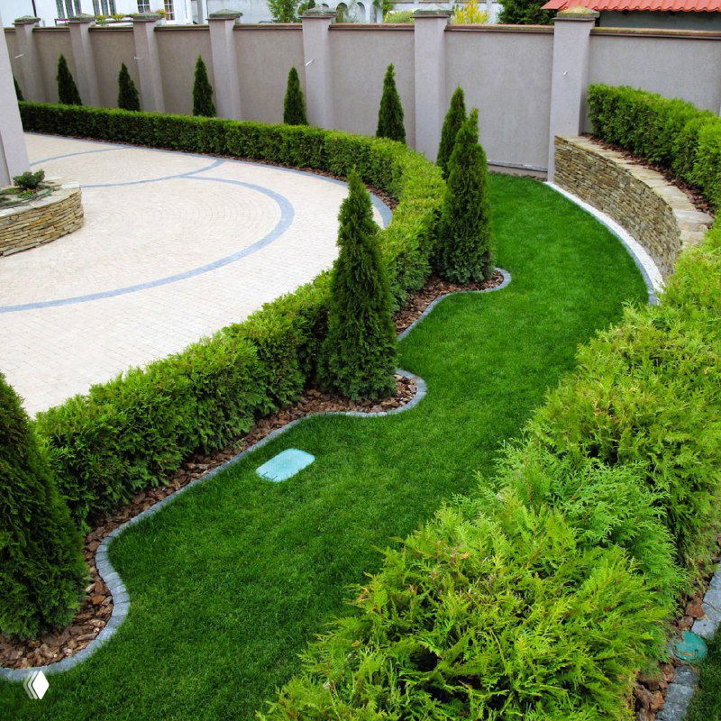Вид благоустроенного участка с аккуратными колонновидными туями и низкими изгородями, пример использования туй в ландшафтном оформлении.
