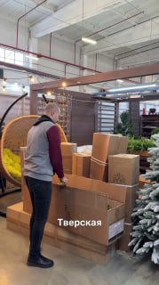 Работник раскладывает коробки с ёлками в торговом зале, на заднем плане видны собранные модели и элементы оформления магазина.