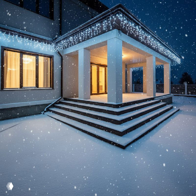 Современный белый дом при свете гирлянд у карниза, широкая лестница и падающий снег создают праздничную атмосферу фасада
