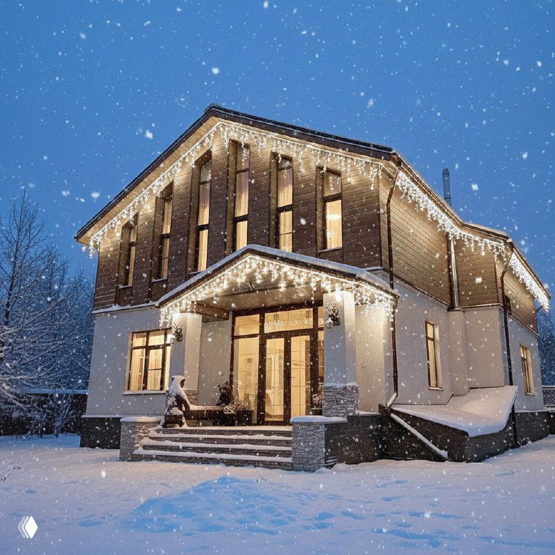 Большой дом с классическим фасадом и контурами крыши, украшенный белыми гирляндами; снежный двор и мягкий тёплый свет в окнах