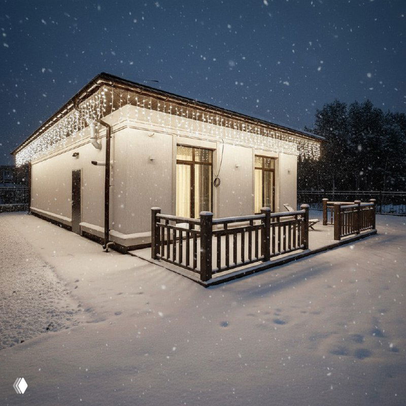 Небольшой одноэтажный дом в снегу с обрамлением из гирлянд по периметру крыши и веранды; вид ночного освещённого фасада