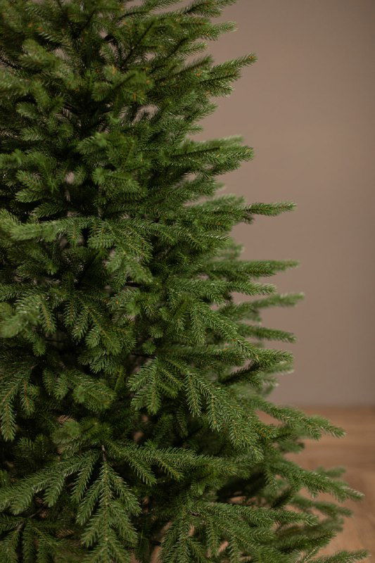 Крупный план средней части ёлки: плотные ветви и литая хвоя, отчётливо видна текстура иголок, создающая эффект настоящей пихты.