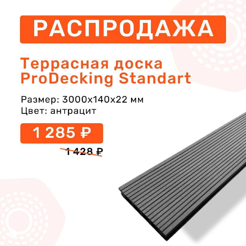 Изображение террасной доски ProDecking Standart антрацитового цвета: карточка распродажи с указанием размеров, цены и скидки 10%.
