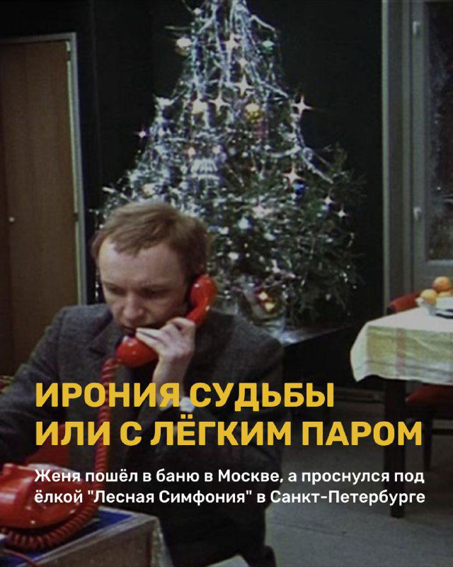 Кадр из фильма «Ирония судьбы, или С лёгким паром»: мужчина в комнате с украшенной ёлкой, бытовая комедийная сцена советского кино, подчёркивающая ностальгический характер подборки.