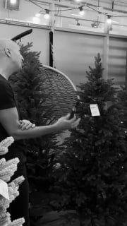Кадр в вертикальном формате: продавец в зале показывает ёлки разных размеров на фоне стеллажей и световых гирлянд торговой точки.