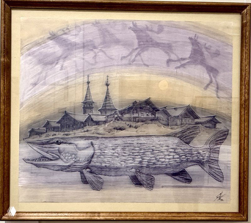 Картина в раме с изображением пейзажа и традиционных сюжетов Пинеги, выполненная в приглушённых тонах и декоративной манере.