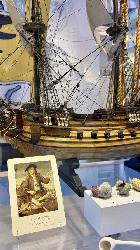 Витрина с моделью парусника и картой, видны мачты, такелаж и сопутствующие экспонаты; крупный план музейного макета и иллюстрации.