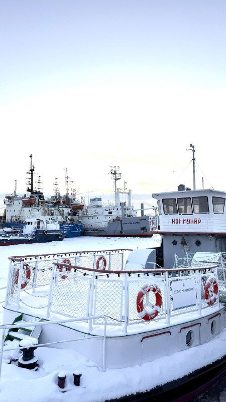 Прогулочная лодка у причала, борта покрыты снегом; на фоне видны другие корабли и ледяной портовый пейзаж Архангельска зимой