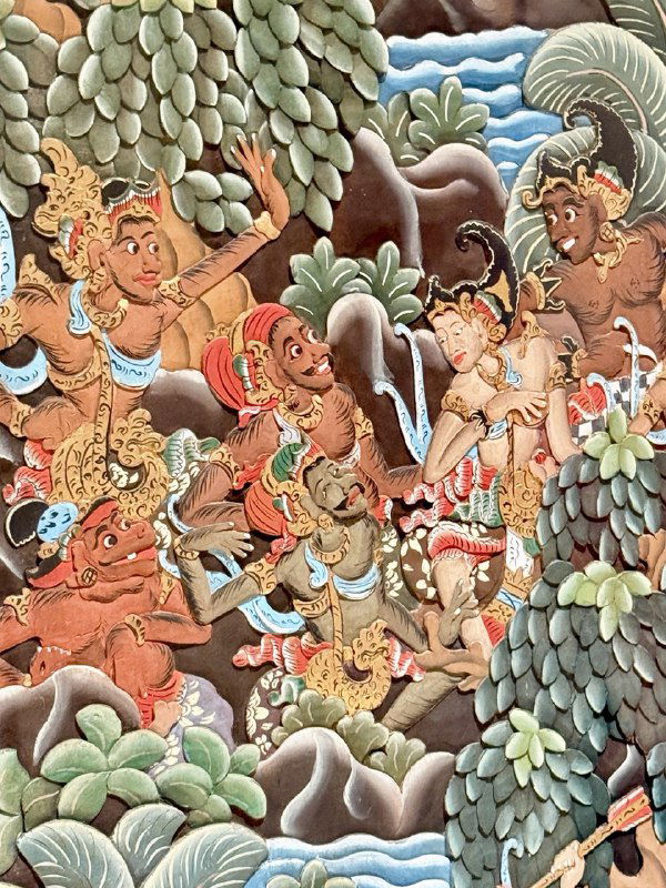 Яркая сюжетная иллюстрация из эпоса: мифологические персонажи и стилизованные растения в насыщенных контрастных красках.