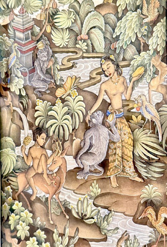 Интимная сцена в балийском стиле: персонажи в окружении пышной растительности и декоративных деталей, характерных для традиции.