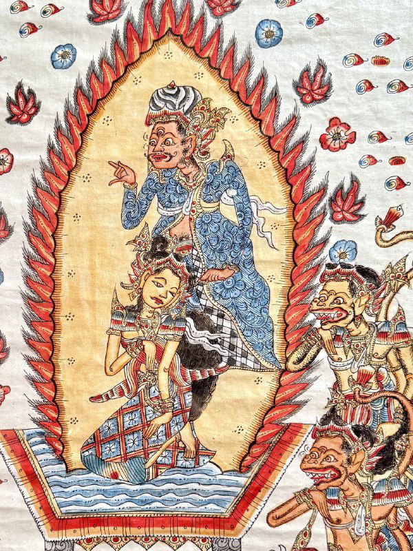 Фрагмент ритуальной или мифологической сцены с фигурой в ореоле и декоративными мотивами, выполненный в традиционной технике.