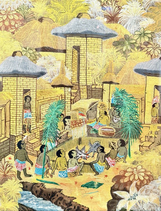 Жизненная сцена в деревне: изображения домов, людей и бытовых предметов, насыщенные цветом и подробно прорисованные элементы.