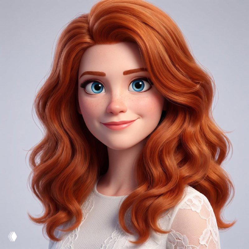 Стилизованный 3D‑портрет в стиле Pixar: рыжая женщина с волнистыми волосами, выразительные глаза, мягкая студийная подсветка, теплый и профессиональный образ.