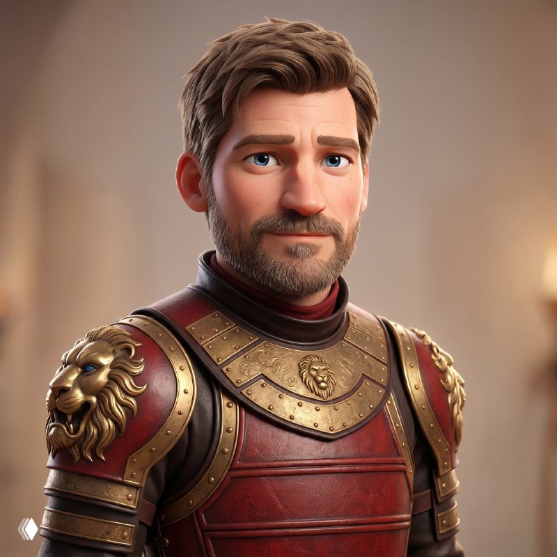 Стилизованный 3D‑портрет в стиле Pixar: мужчина в рыцарских доспехах, кинематографичное освещение и детализированные материалы, выразительное лицо и поза.