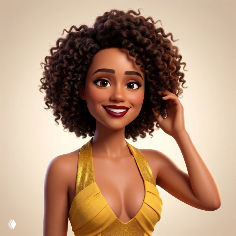 Стилизованный 3D‑портрет в стиле Pixar: тёмнокожая женщина с кудрявыми волосами, яркая улыбка, детализированная кожа и аккуратный нейтральный фон для фокуса на лице.