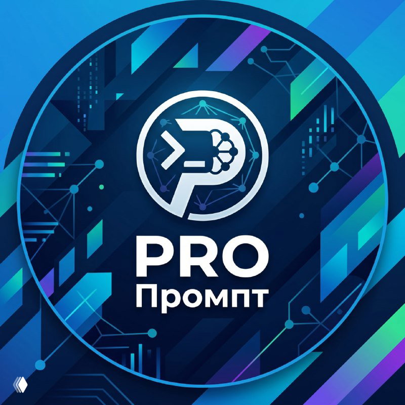Круглый логотип канала PRO Промпт: буквы и символ в центре на сине‑бирюзовом геометрическом фоне, премиальный минимализм