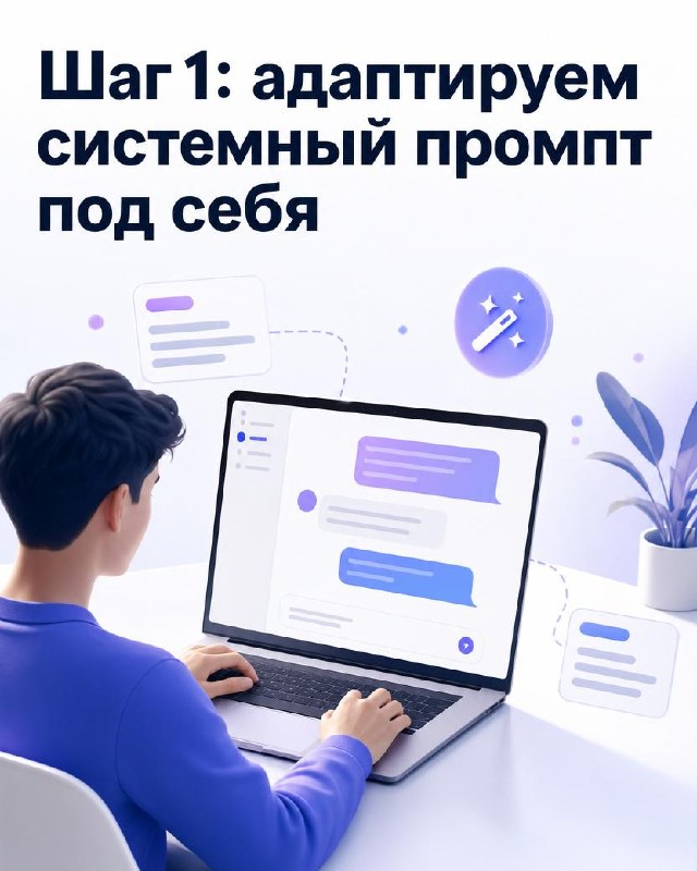 Иллюстрация шага 1: человек за ноутбуком в пастельных фиолетово‑голубых тонах, интерфейс чата на экране и декоративные элементы дизайна.